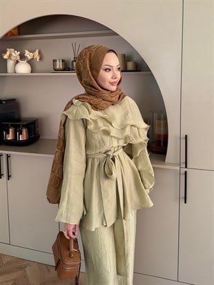 Shırley Fırfırlı Pantolonlu Takım Yağ Yeşili (8615)