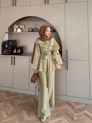 Shırley Fırfırlı Pantolonlu Takım Yağ Yeşili (8615)