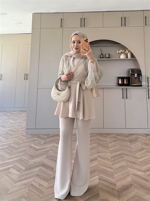 Sienna Fırfırlı Pantolonlu Takım Bej (5786)