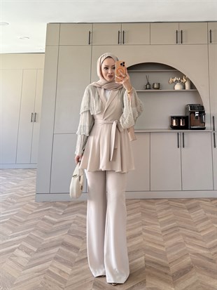 Sienna Fırfırlı Pantolonlu Takım Bej (5786)