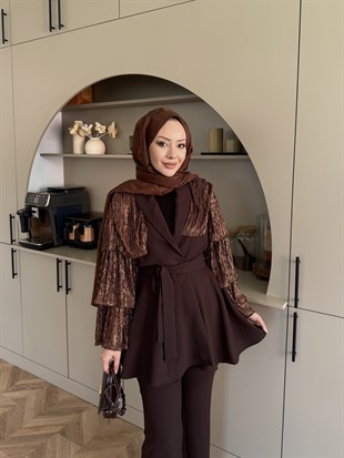Sienna Fırfırlı Pantolonlu Takım Kahverengi (5786)