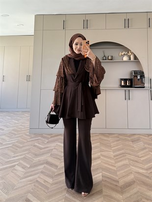 Sienna Fırfırlı Pantolonlu Takım Kahverengi (5786)
