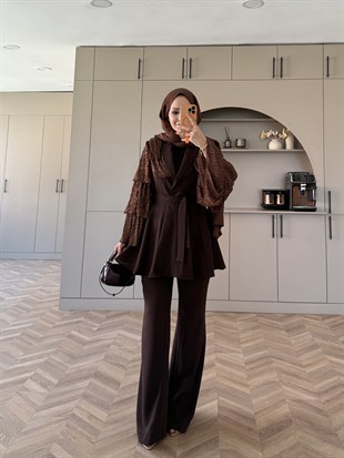 Sienna Fırfırlı Pantolonlu Takım Kahverengi (5786)
