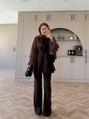 Sienna Fırfırlı Pantolonlu Takım Kahverengi (5786)