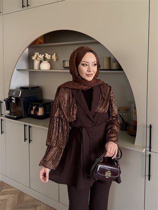 Sienna Fırfırlı Pantolonlu Takım Kahverengi (5786)