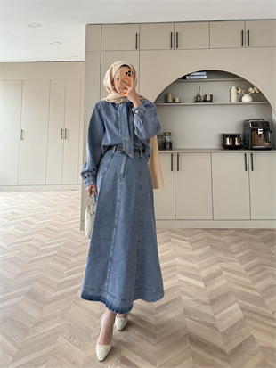 Sıla Bağlamalı Kot Etekli Takım Buz Mavi (713)