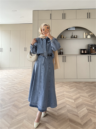 Sıla Bağlamalı Kot Etekli Takım Buz Mavi (713)