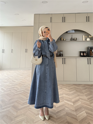 Sıla Bağlamalı Kot Etekli Takım Buz Mavi (713)