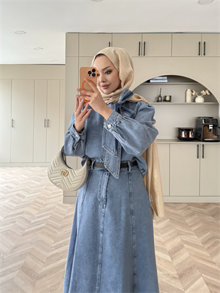 Sıla Bağlamalı Kot Etekli Takım Buz Mavi (713)