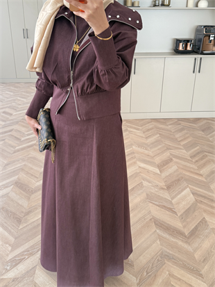 Simay Geniş Yaka Taşlı Ceketli Elbise Mürdüm (2004)