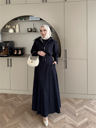 Simay Geniş Yaka Taşlı Kot Elbise Lacivert (2004)