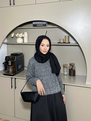 Simli Kısa Kazak Gri