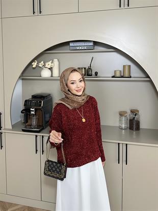 Simli Kısa Kazak Kırmızı