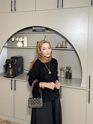 Simli Kısa Kazak Siyah