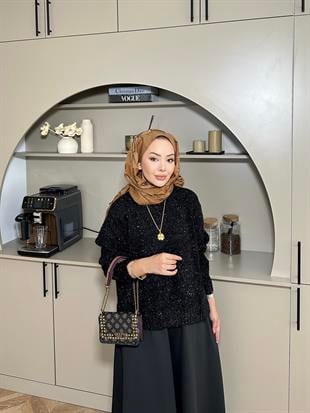 Simli Kısa Kazak Siyah