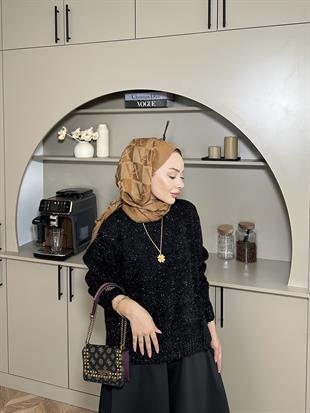 Simli Kısa Kazak Siyah