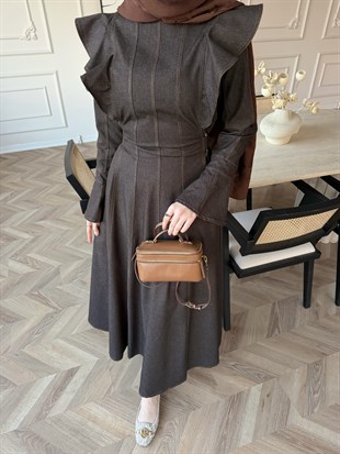 Smooth Fırfır Detaylı Kot Elbise Kahve (4449)