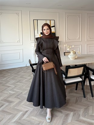 Smooth Fırfır Detaylı Kot Elbise Kahve (4449)