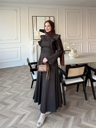 Smooth Fırfır Detaylı Kot Elbise Kahve (4449)