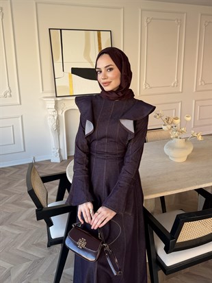 Smooth Fırfır Detaylı Kot Elbise Mürdüm (4449)