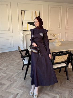 Smooth Fırfır Detaylı Kot Elbise Mürdüm (4449)