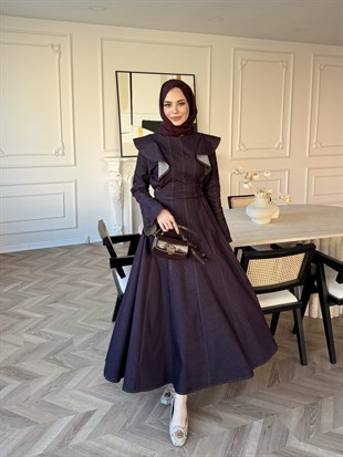 Smooth Fırfır Detaylı Kot Elbise Mürdüm (4449)