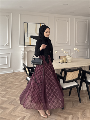 Sola Ekose Desen Parçalı Etek Bordo (03)