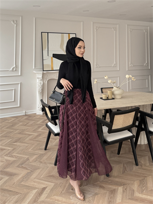 Sola Ekose Desen Parçalı Etek Bordo (03)