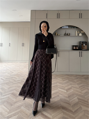 Sola Ekose Desen Parçalı Etek Kahve (03)