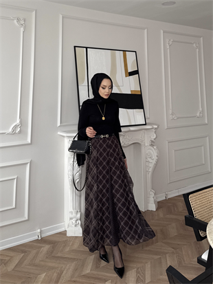 Sola Ekose Desen Parçalı Etek Kahve (03)