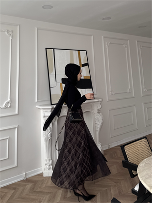 Sola Ekose Desen Parçalı Etek Kahve (03)