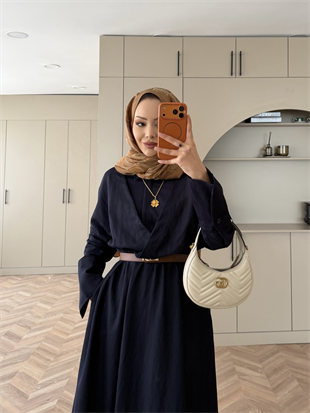 Soraya Beli Büzgülü Kruvaze Detaylı Elbise Lacivert (617) 