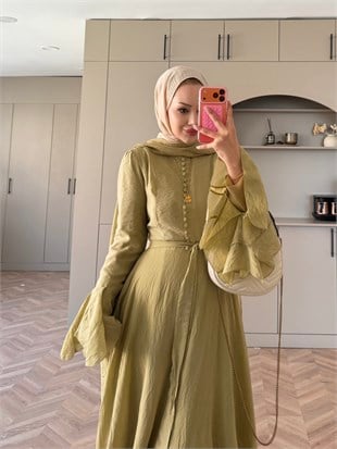 Stone Şallı Elbise Yağ Yeşili (26177)