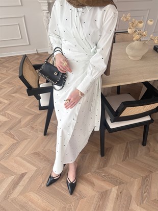 Sugar Puantiyeli Yandan Bağlamalı Elbise Beyaz (2349)