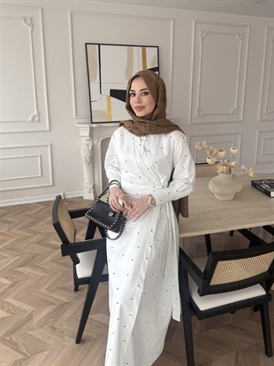 Sugar Puantiyeli Yandan Bağlamalı Elbise Beyaz (2349)