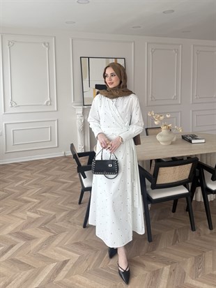 Sugar Puantiyeli Yandan Bağlamalı Elbise Beyaz (2349)