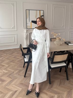 Sugar Puantiyeli Yandan Bağlamalı Elbise Beyaz (2349)