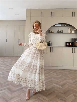 Sunday Dantel Detaylı Şifon Etekli Takım Ekru (5722)
