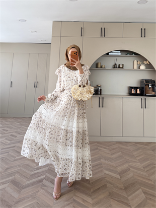 Sunday Dantel Detaylı Şifon Etekli Takım Ekru (5722)