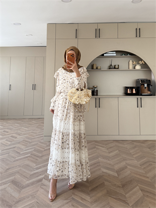 Sunday Dantel Detaylı Şifon Etekli Takım Ekru (5722)