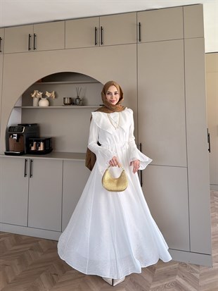 Svetlana Yaka Detaylı Elbise Beyaz (4459)