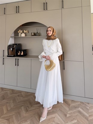 Svetlana Yaka Detaylı Elbise Beyaz (4459)