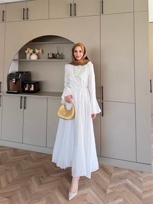 Svetlana Yaka Detaylı Elbise Beyaz (4459)