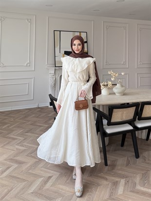 Svetlena Yaka Detaylı Elbise Bej (4459)