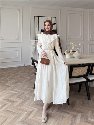 Svetlena Yaka Detaylı Elbise Bej (4459)