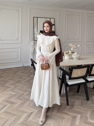 Svetlena Yaka Detaylı Elbise Bej (4459)