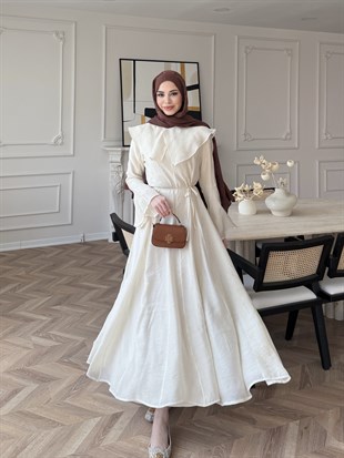 Svetlena Yaka Detaylı Elbise Bej (4459)