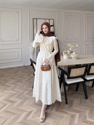 Svetlena Yaka Detaylı Elbise Bej (4459)