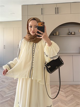 Swril Düğme Detaylı Etek Takım Bej (5774)