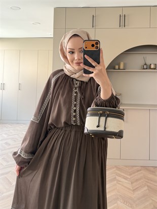 Swril Düğme Detaylı Etek Takım Kahve (5774)